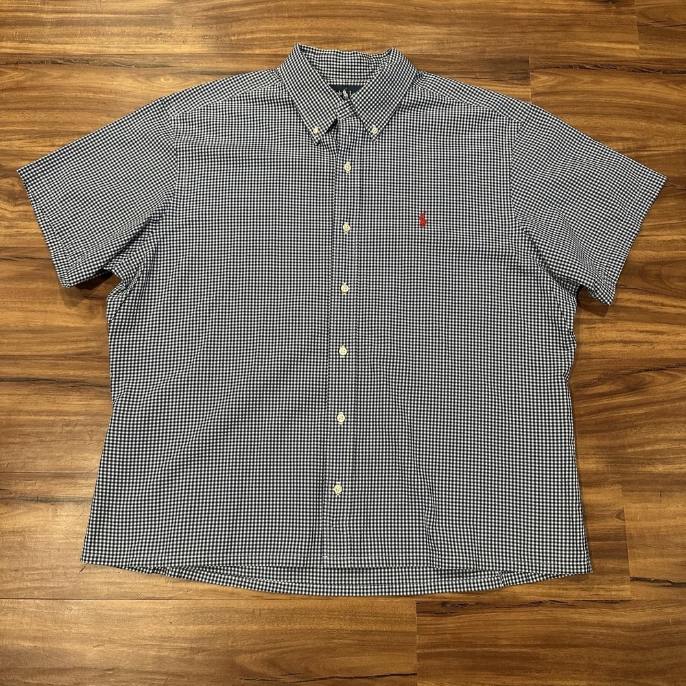 Ralph Lauren Shirt Mens XL Blue Check Short Sleeve Button Down Classic Fit Pony